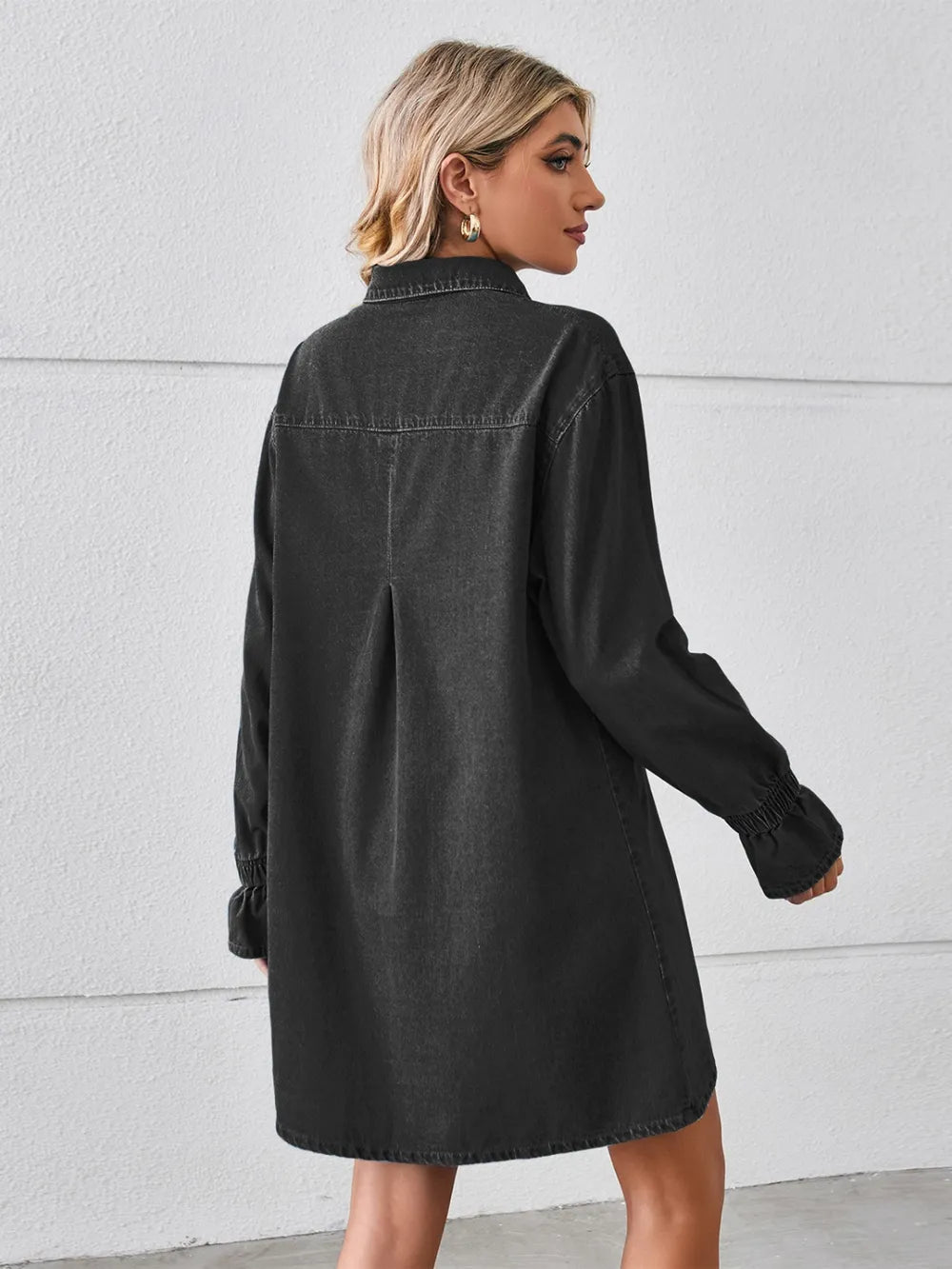 Dusty blue mini denim dress with dropped shoulders and pockets, featuring a trendy pocketed dropped shoulder design by Trendsi.