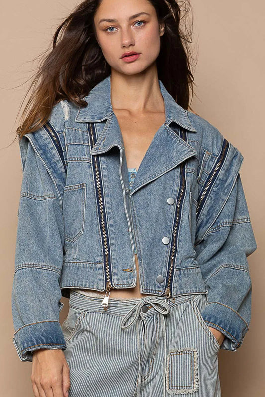 Dusty blue POL cropped denim jacket by Trendsi with functional zipper detail, shown on a model.
