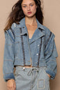 Dusty blue POL cropped denim jacket by Trendsi with functional zipper detail, shown on a model.