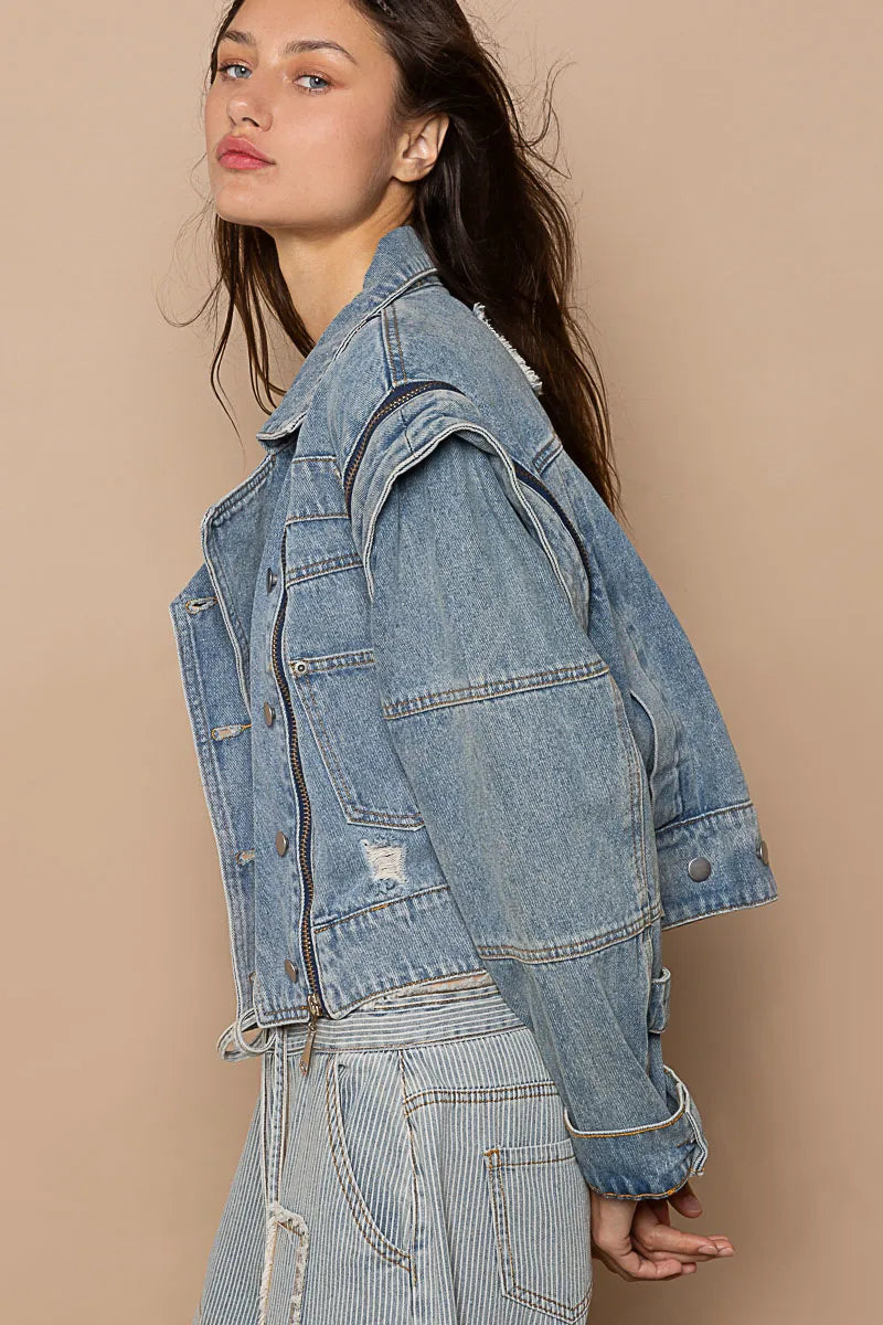 Dusty blue POL cropped denim jacket from Trendsi with functional zipper detail and classic jean styling.