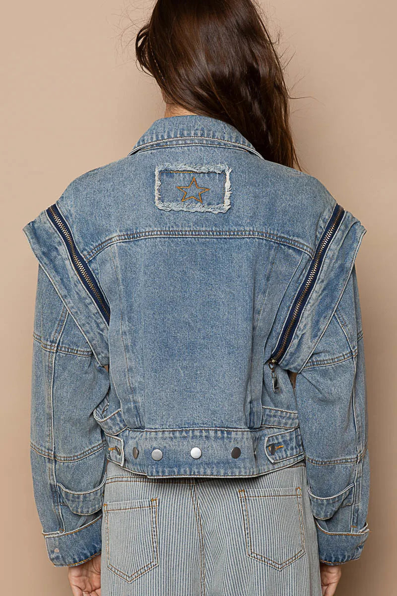 Dusty blue POL cropped denim jacket by Trendsi with functional zipper detail, showcasing the stylish, fitted design and classic denim texture.