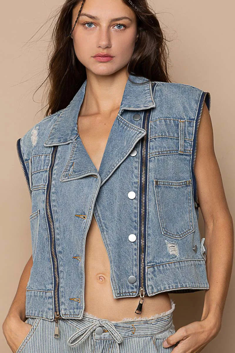 Dusty blue Trendsi POL cropped denim jacket with functional zipper detail, stylish and casual for everyday wear