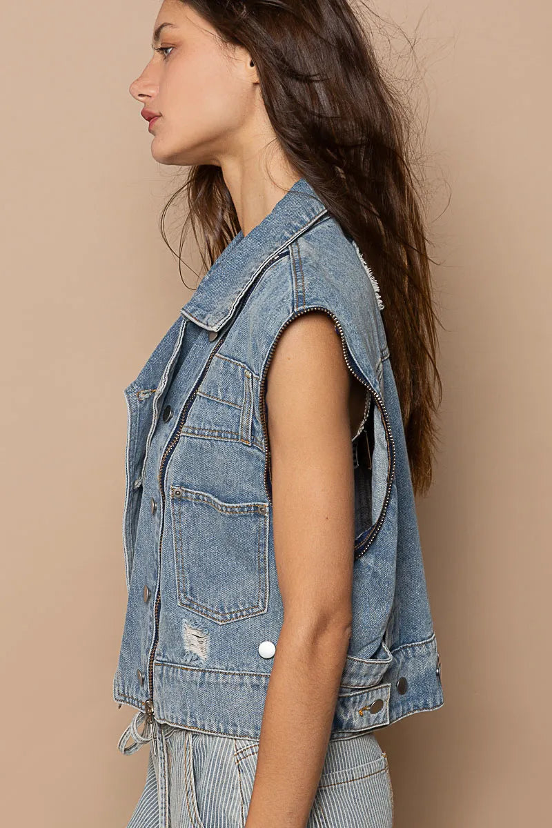 Dusty blue POL cropped denim jacket by Trendsi with functional zipper detail, stylish and casual for everyday wear.