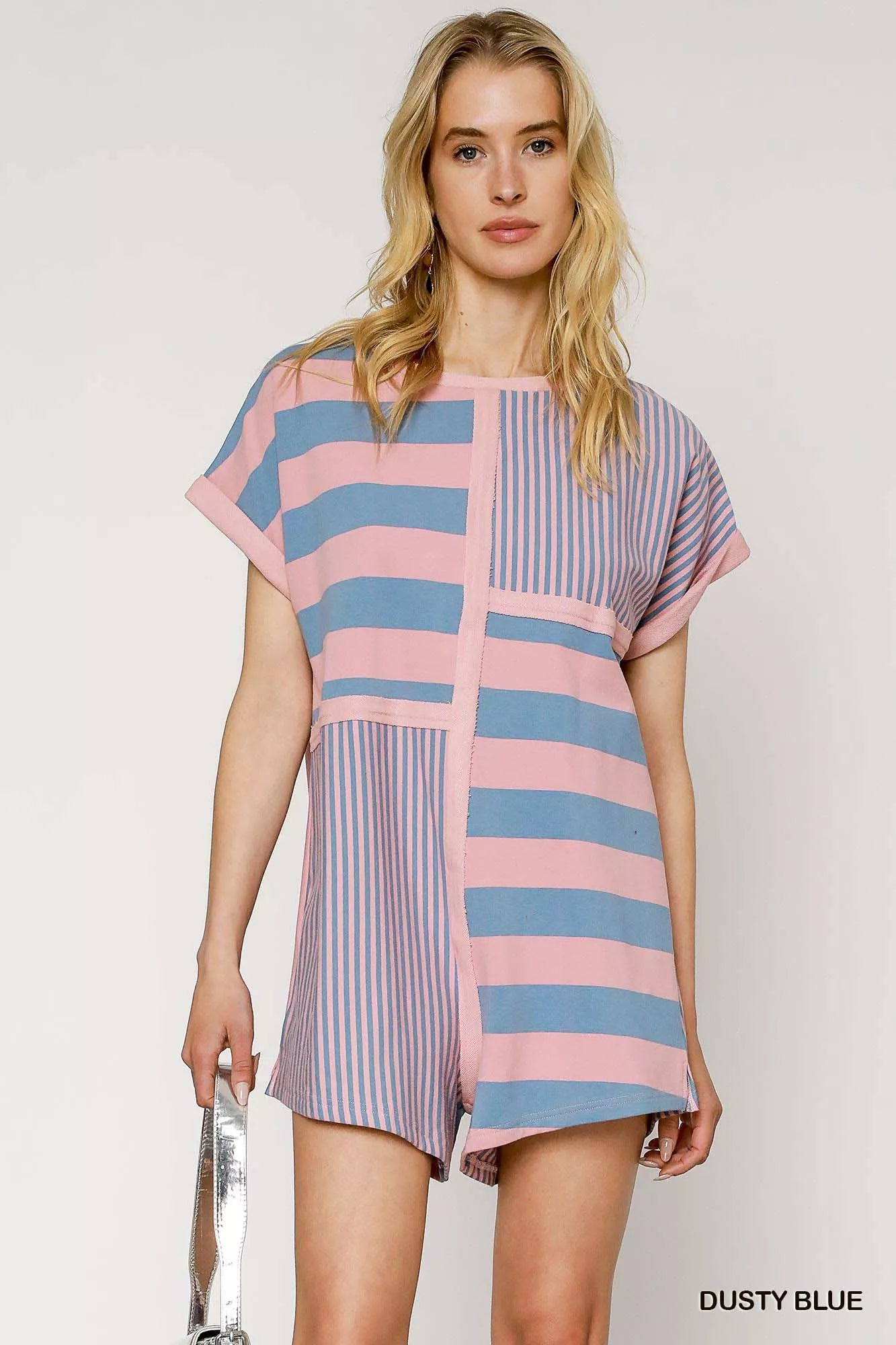 Dusty blue Umgee mixed striped short sleeve romper with a relaxed fit and casual style, perfect for warm weather.