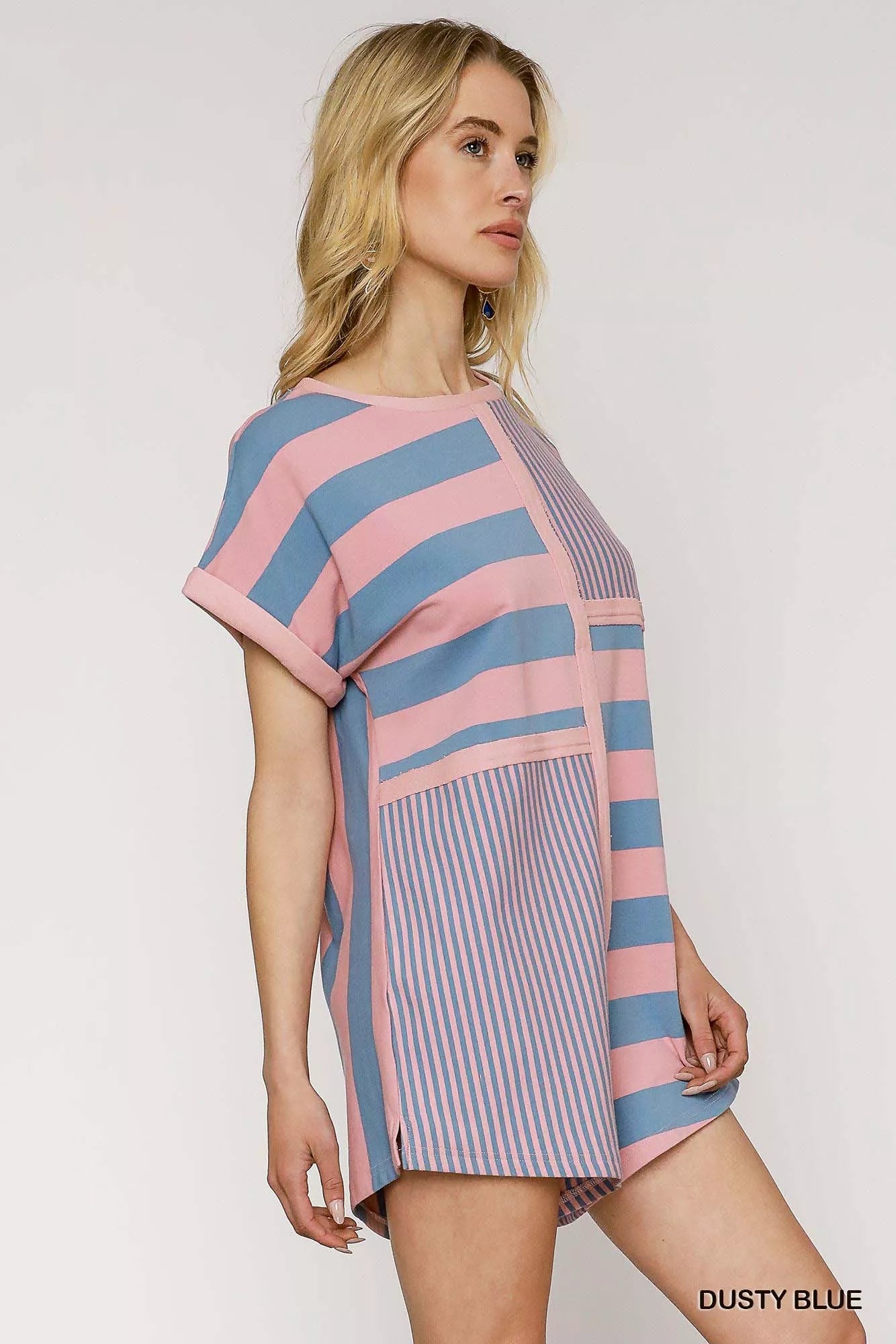 Dusty blue Umgee mixed striped short sleeve romper featuring a relaxed fit and casual style, perfect for warm weather.