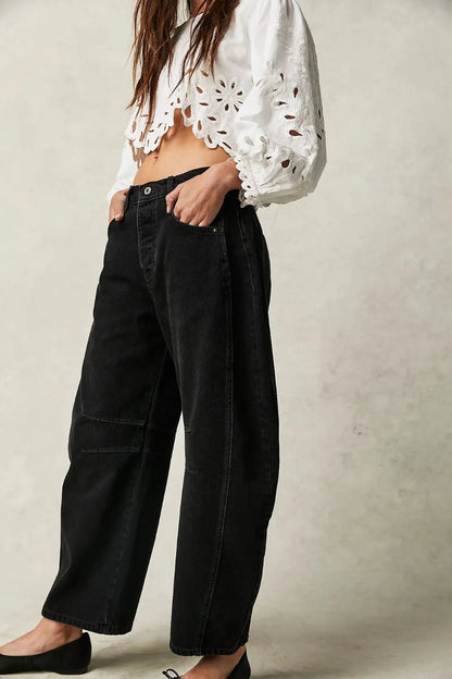 Dusty blue wide leg jeans with pockets from Trendsi, featuring a relaxed fit and casual style.