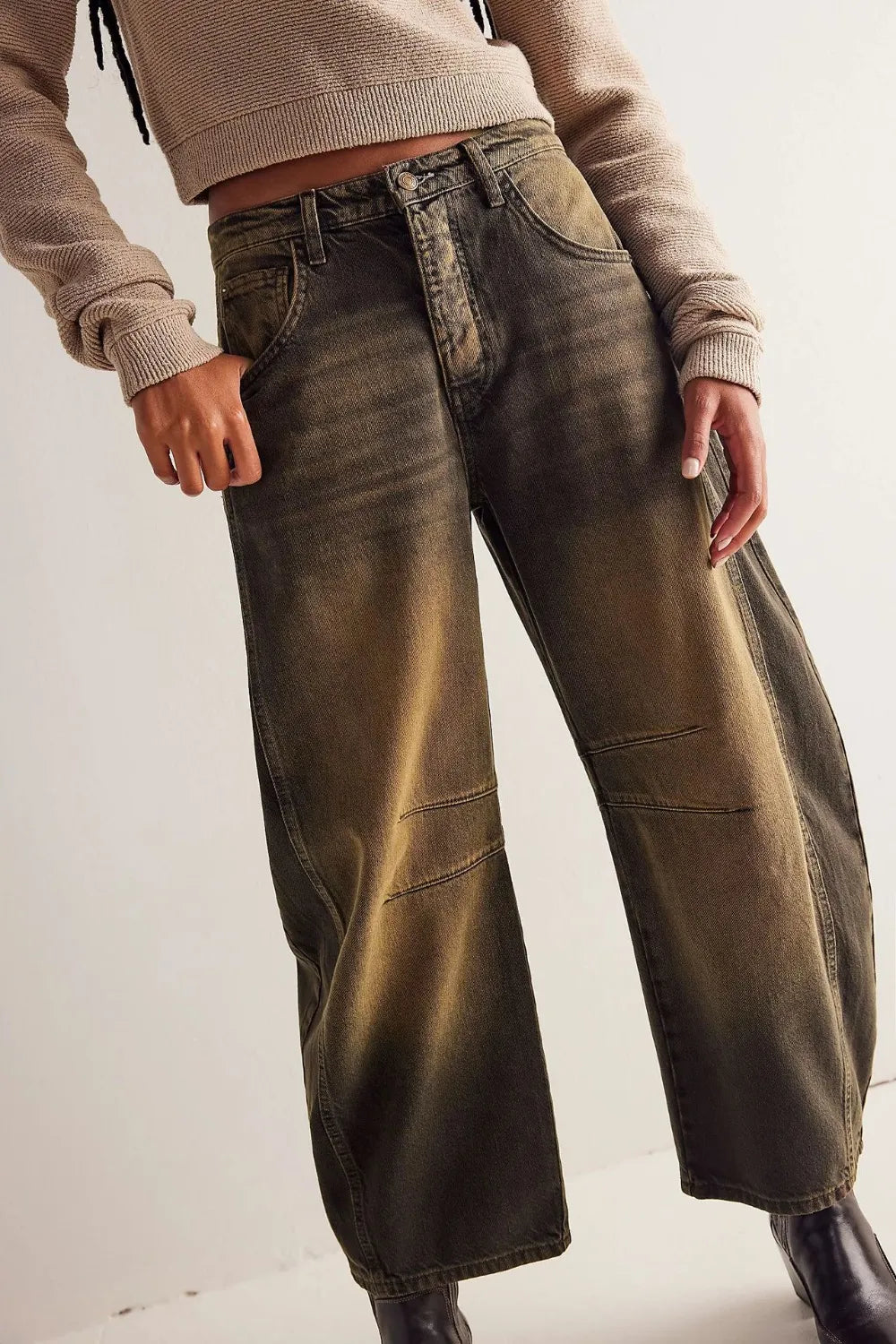 Dusty blue wide leg jeans with pockets from Trendsi, featuring a relaxed fit and casual style.