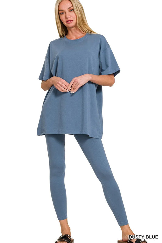 Dusty blue Zenana cotton round neck top and matching leggings set, casual loungewear or everyday ensemble by Trendsi.