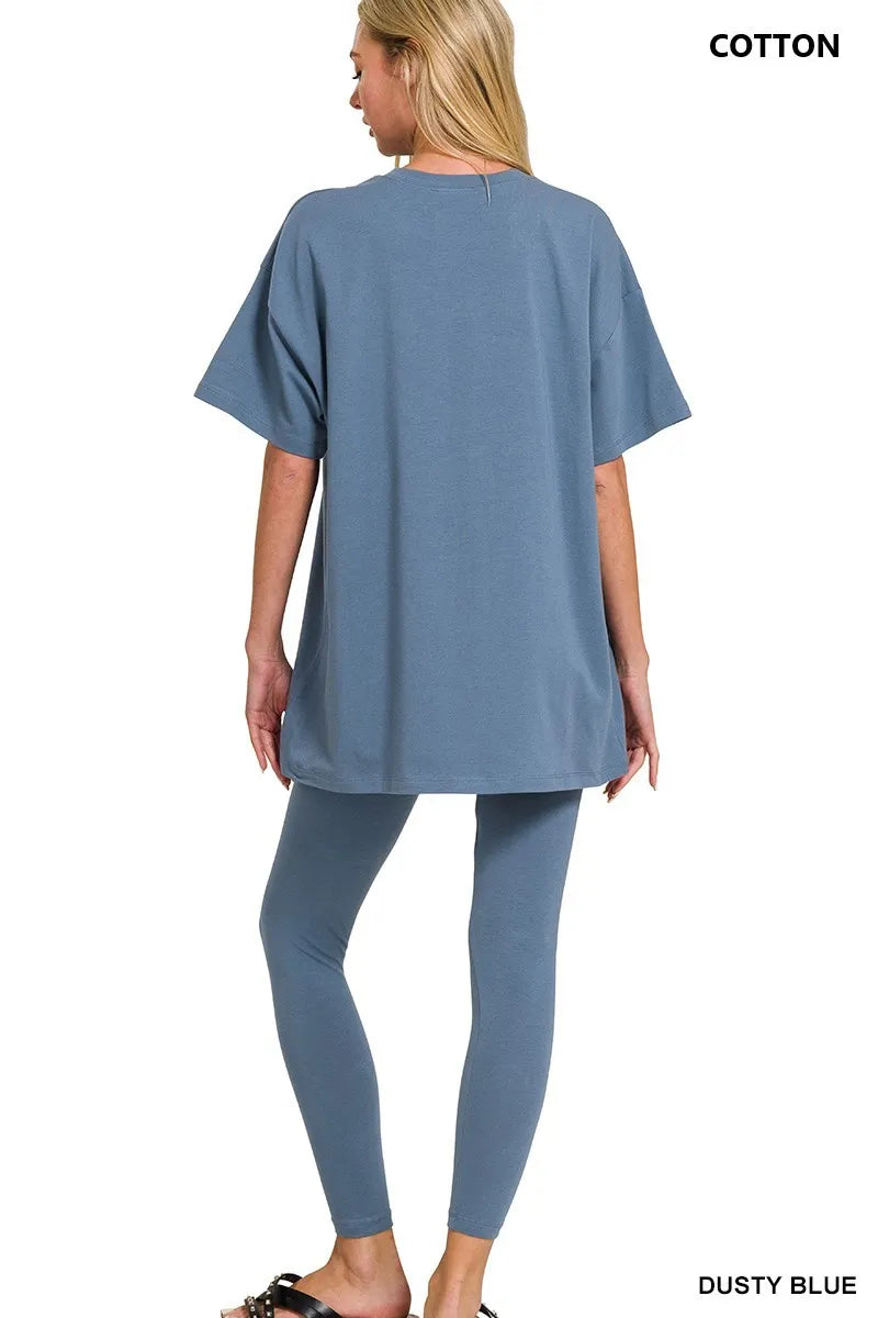 Dusty blue Zenana cotton round neck top and matching leggings set, stylish and comfortable for everyday wear.