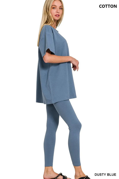 Dusty blue Zenana cotton round neck top and matching leggings set, casual and comfortable for everyday wear.