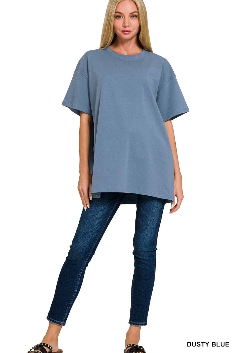 Dusty blue Zenana cotton round neck top and matching leggings set, casual and comfortable for everyday wear.