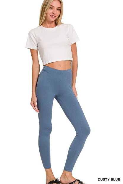 Dusty blue Zenana cotton round neck top and matching leggings set by Trendsi, casual comfortable loungewear or everyday outfit.