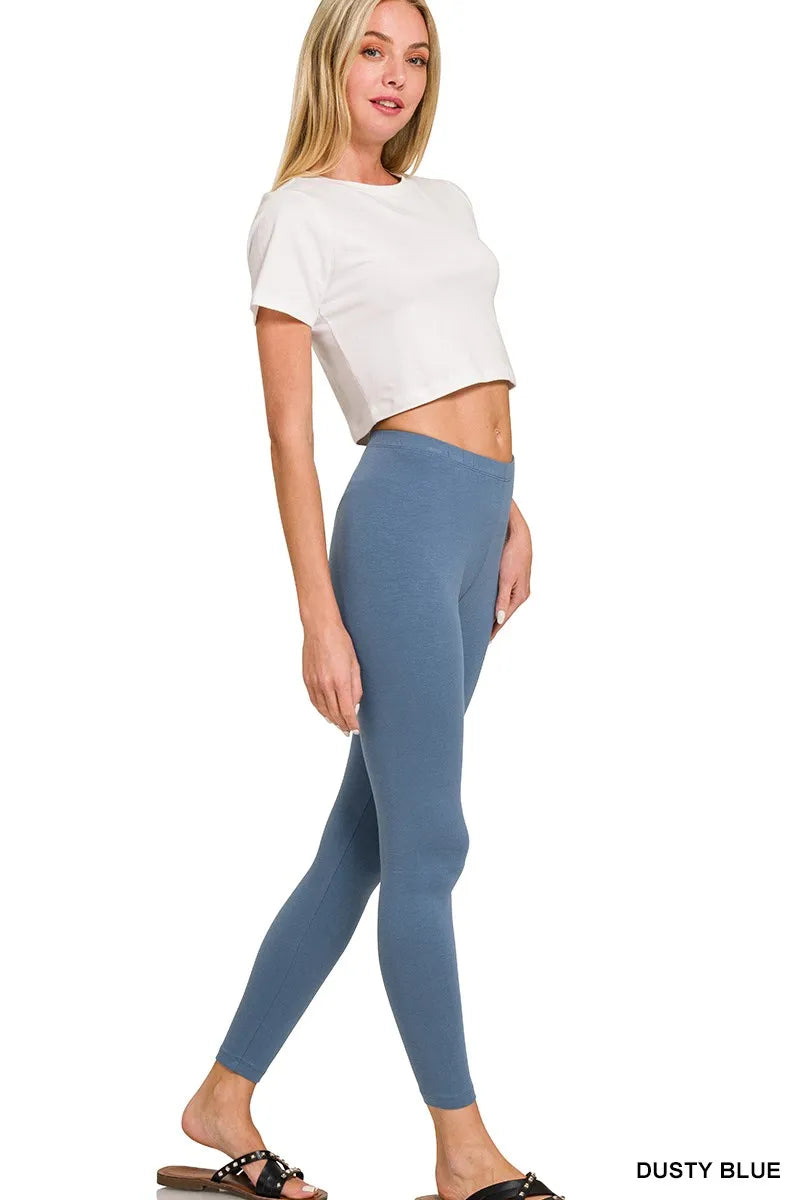 Dusty blue Zenana cotton round neck top and matching leggings set, casual and comfortable for everyday wear.