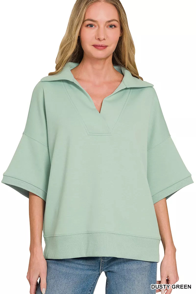 Dusty green Zenana scuba collared short sleeve pullover, casual women's top with a relaxed fit and simple style.