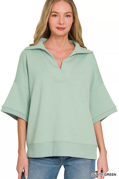 Dusty green Zenana scuba collared short sleeve pullover, casual women's top with a relaxed fit and simple style.