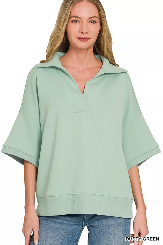 Dusty green Zenana scuba collared short sleeve pullover, casual women's top with a relaxed fit and simple style.