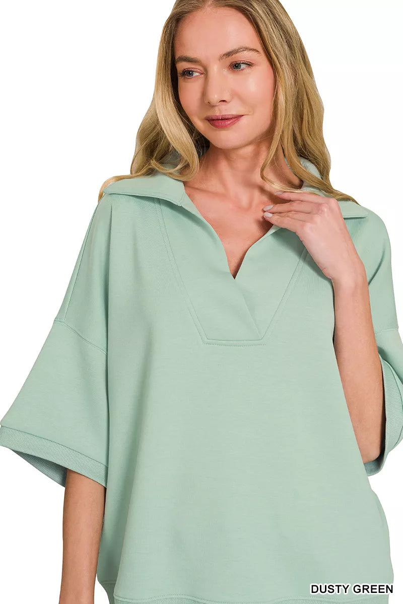 Dusty green Zenana scuba collared short sleeve pullover, lightweight and casual, featuring a modern design with a relaxed fit.