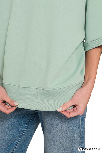Dusty green Zenana scuba collared short sleeve pullover with a relaxed fit and breathable fabric, perfect for casual wear.