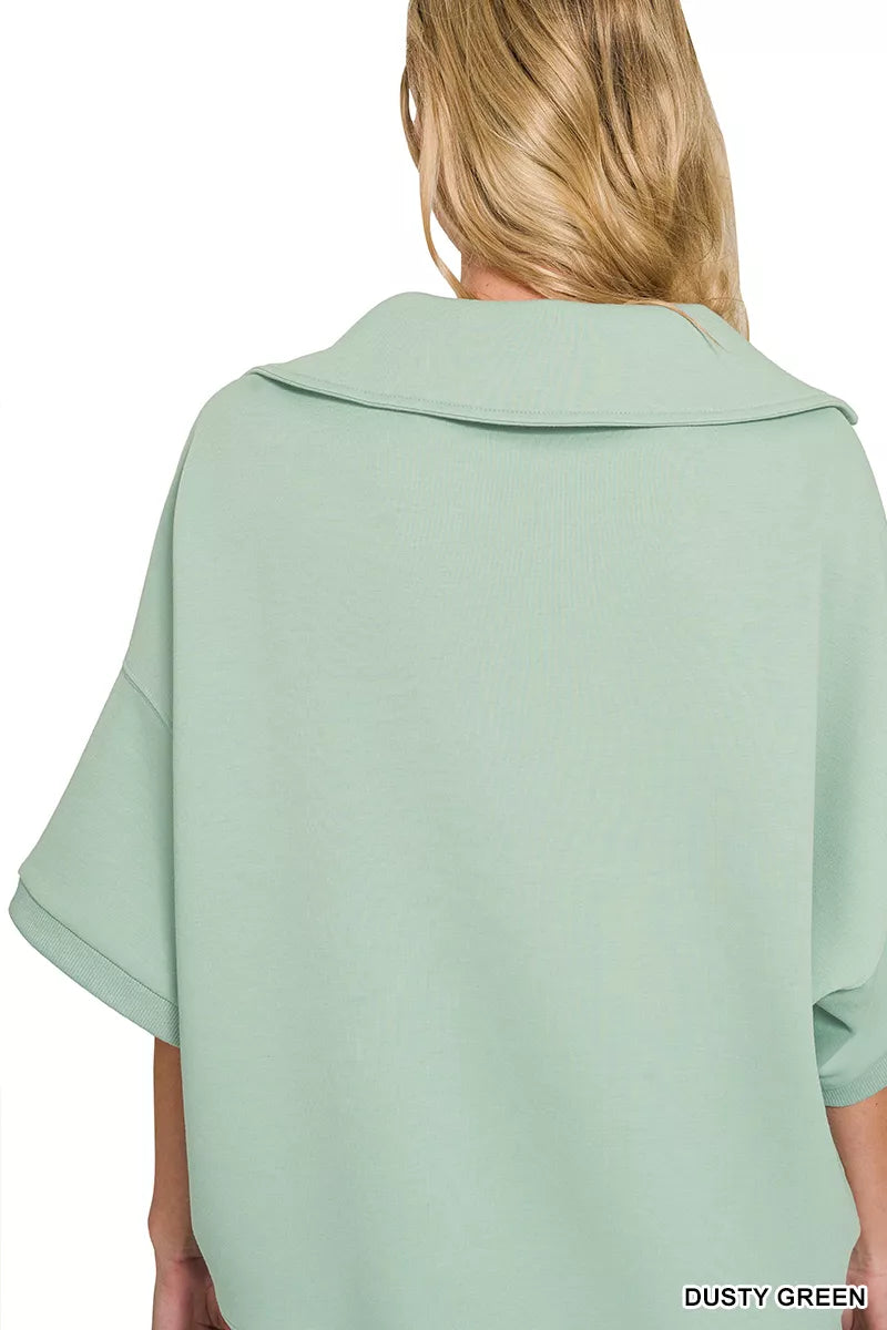 Dusty green Zenana scuba collared short sleeve pullover, stylish and comfortable women's top from Trendsi.
