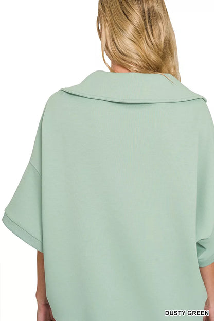 Dusty green Zenana scuba collared short sleeve pullover, stylish and comfortable women's top from Trendsi.