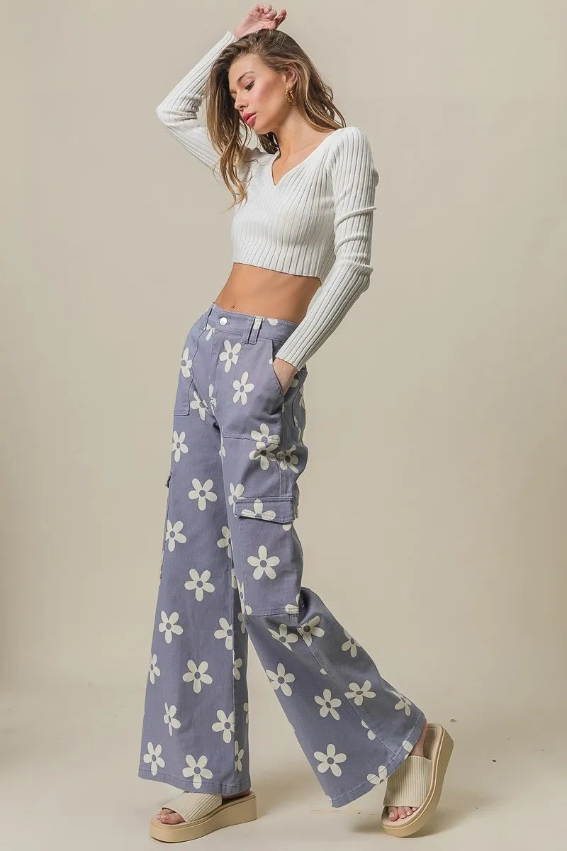 Trendi dusty lavender BiBi flower printed wide pants with side pockets and relaxed fit for casual wear