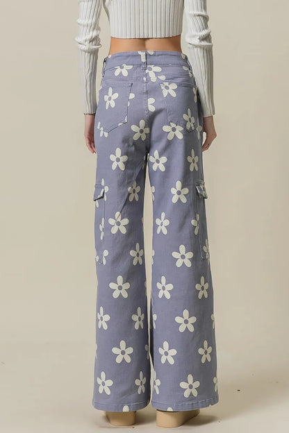 Dusty lavender BiBi flower printed wide pants with side pockets, stylish and comfortable, by Trendsi.