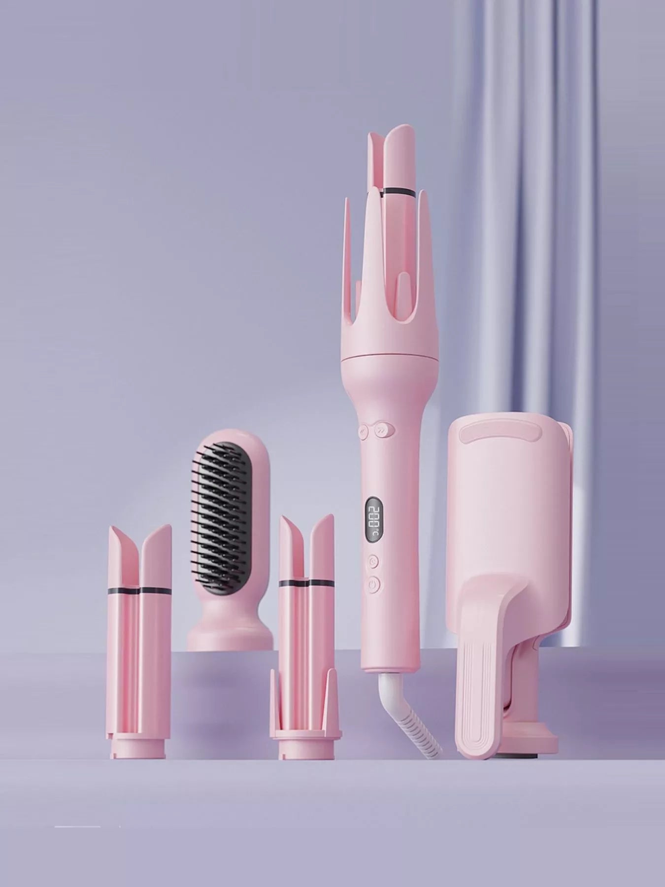 Dusty pink automatic ceramic hair curling iron with European plug, featuring rotating barrel for effortless curls by Trendsi.