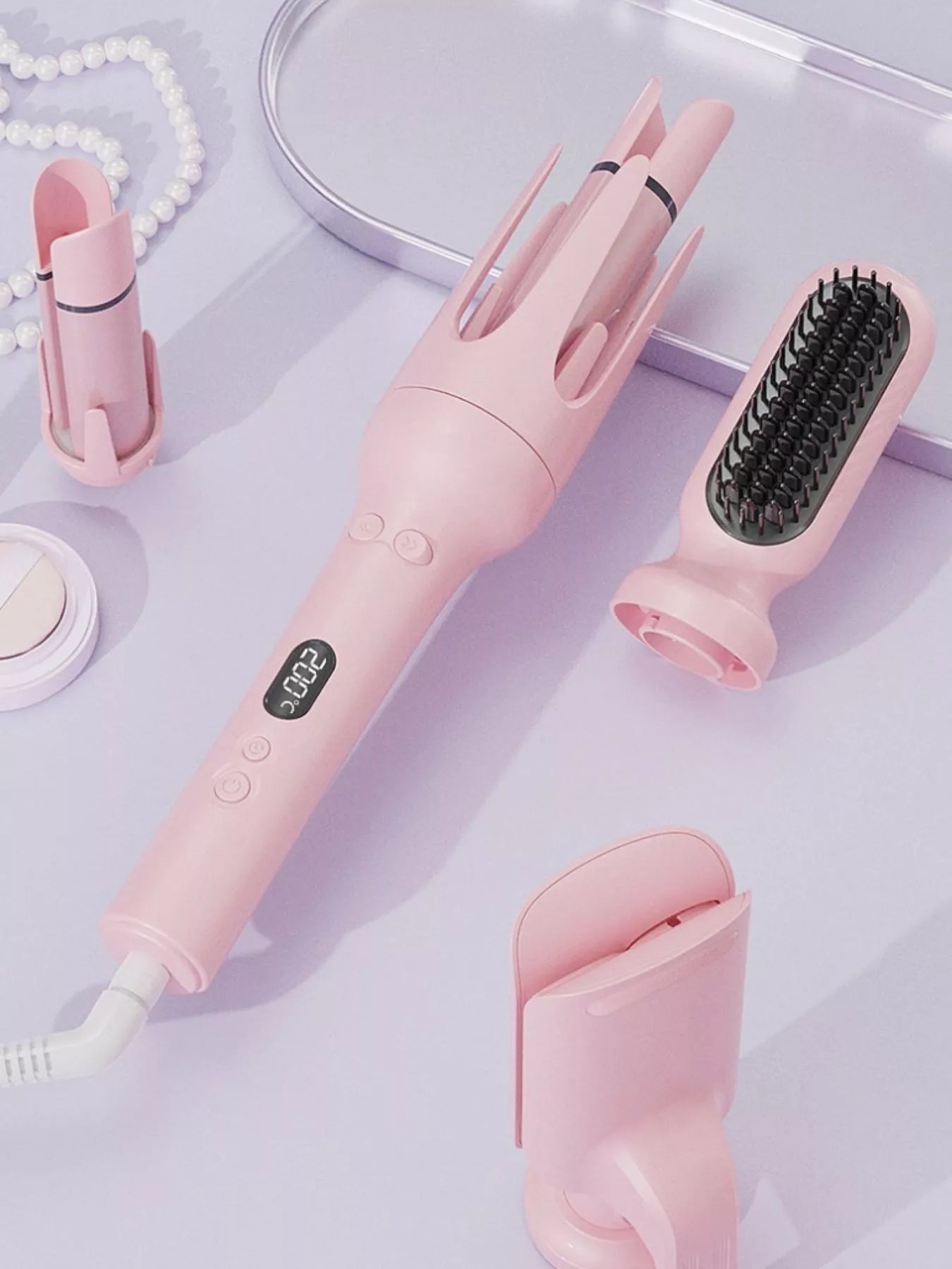 Dusty pink Trendsi automatic rotating ceramic hair curling iron with European plug, showcasing its sleek design and rotating barrel.