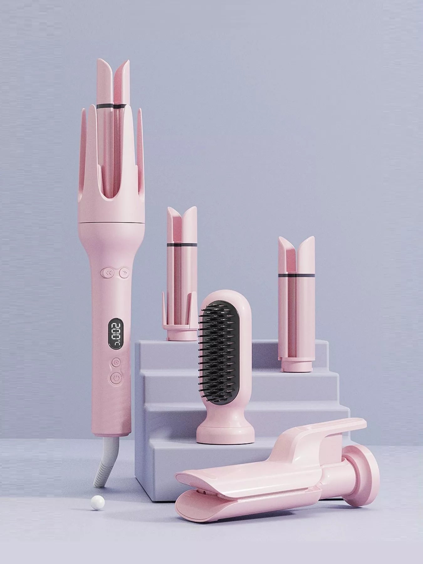 Dusty pink automatic rotating ceramic hair curling iron by Trendsi with European plug for easy styling.