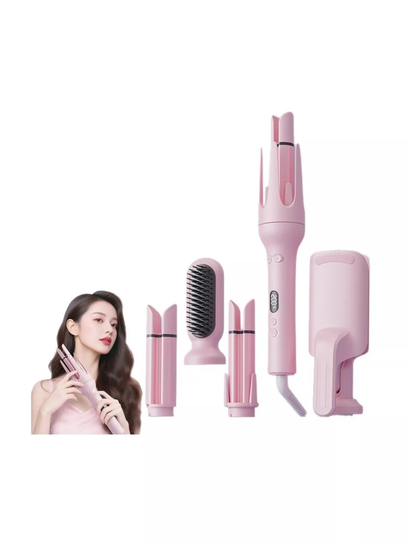 Dusty pink automatic rotating ceramic hair curling iron by Trendsi with European plug, showcasing its sleek design and curling barrel.