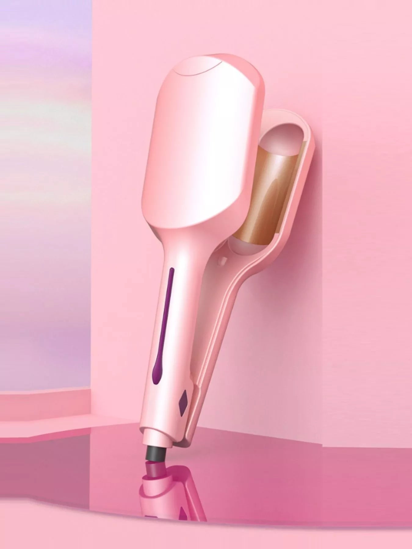 Dusty pink Trendsi fast heating curling iron with European plug, showcasing its sleek design and curling barrel for styling.