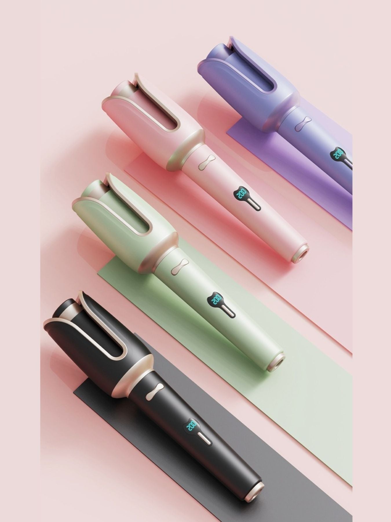 Dusty pink automatic ceramic hair curling iron with North American plug, rotating barrel for easy styling by Trendsi.
