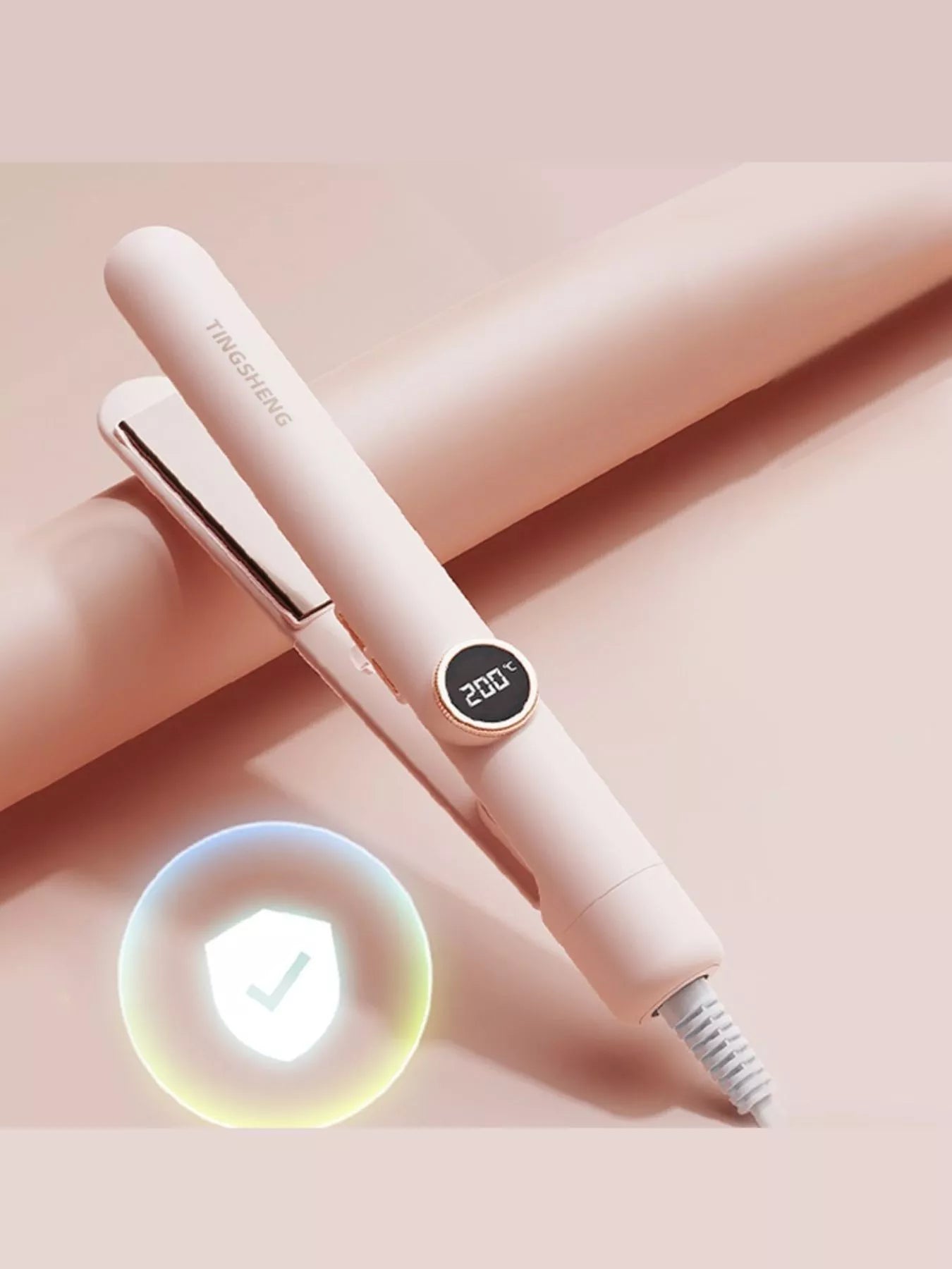 Dusty pink Trendsi fast heating hair straightener with North American plug, ceramic plates for smooth, sleek styling.