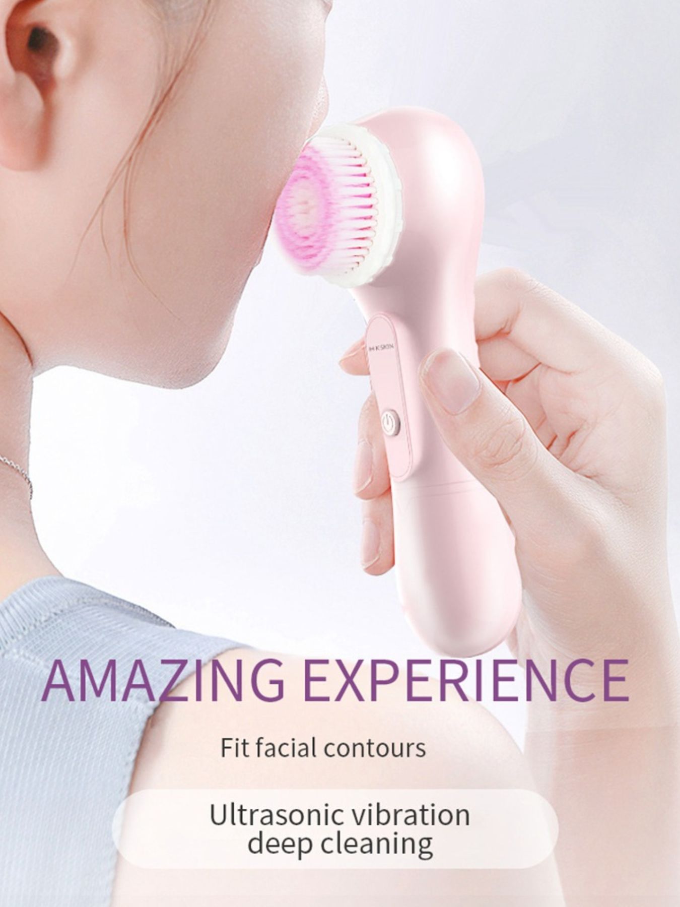 Dusty pink Trendsi electric rotating facial cleansing brush with soft bristles for gentle skincare.