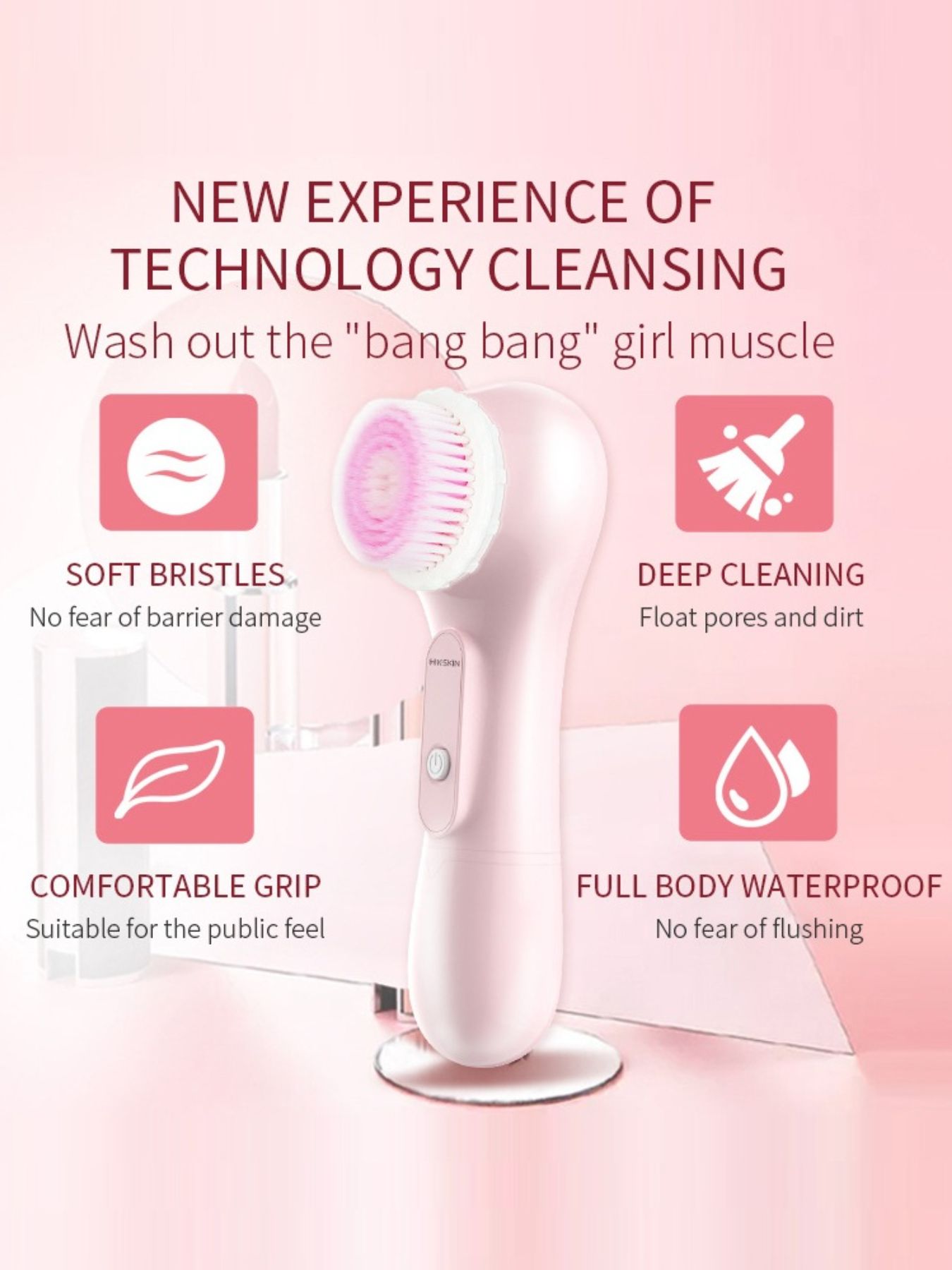 Dusty pink electric rotating facial cleansing brush by Trendsi, showing the compact, textured brush head for deep skin cleansing.