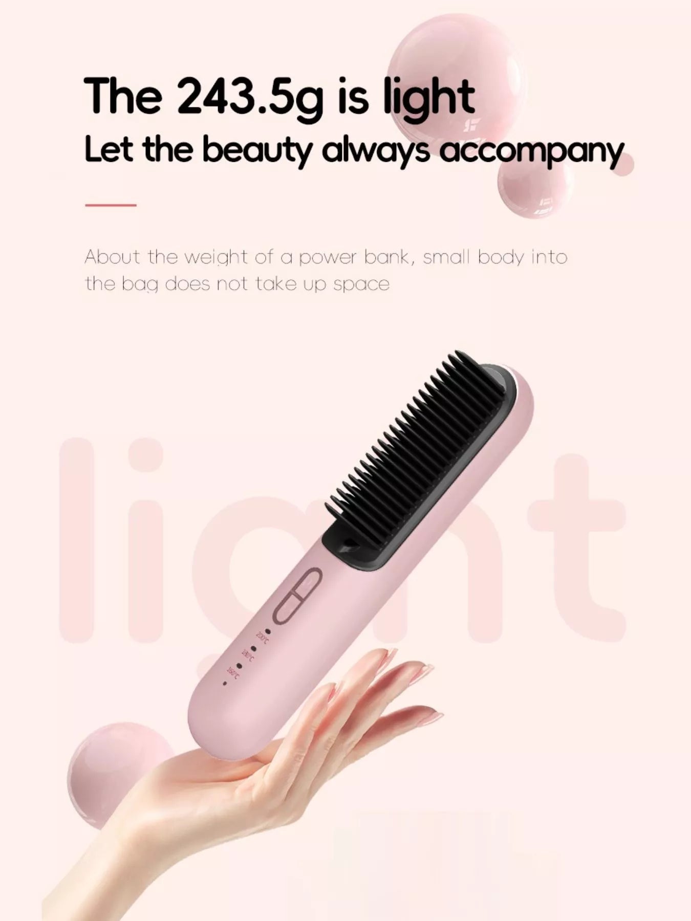 Dusty pink Trendsi fast heating hair straightening comb with wide teeth and sleek design for quick, easy styling.