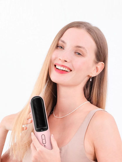 Dusty pink Trendsi fast heating hair straightening comb with ceramic plates and ergonomic handle, ready for sleek styling.