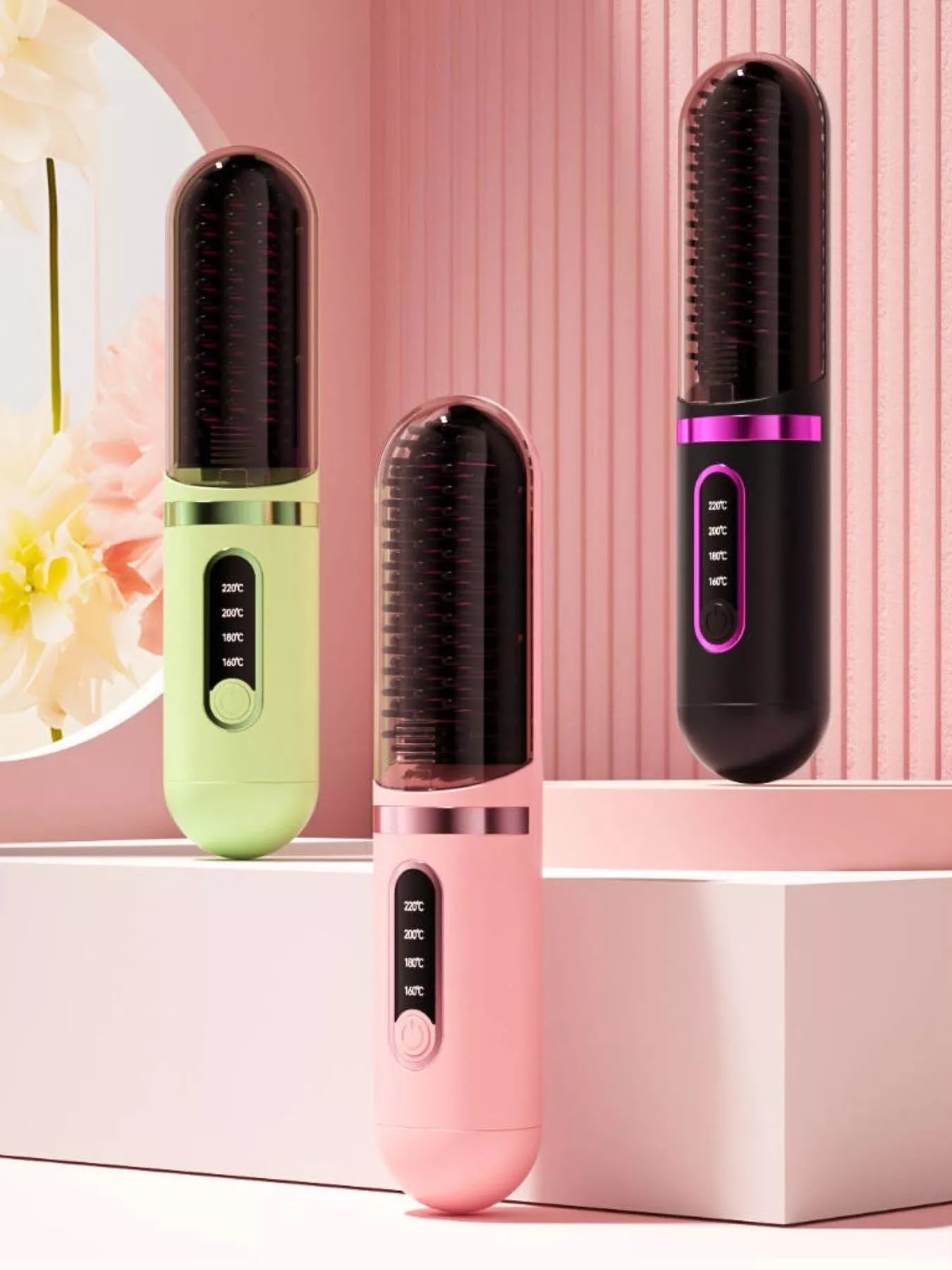 Dusty pink portable heated hair straightening comb by Trendsi, showing the compact design with heated teeth for quick styling.