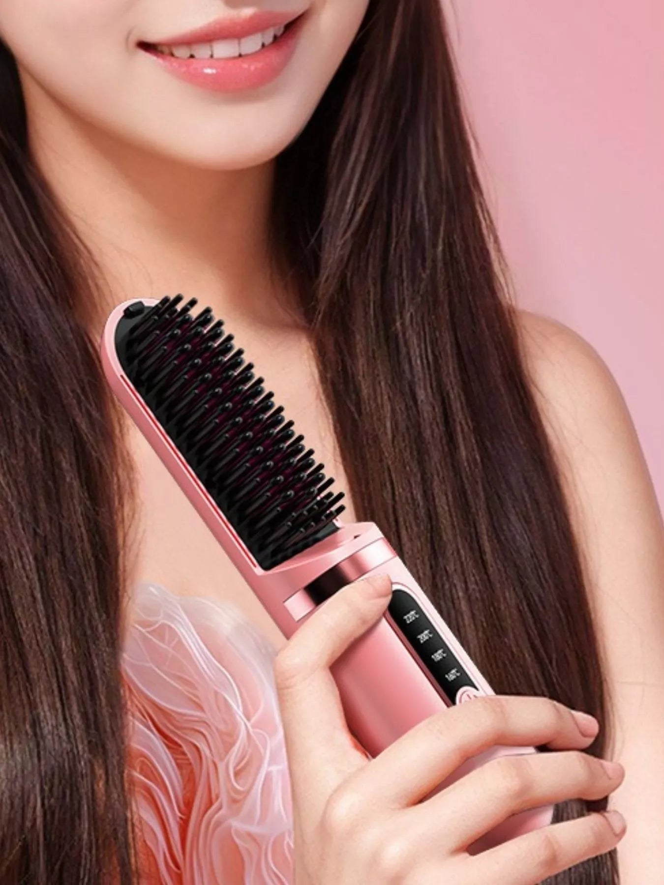 Trendsi dusty pink portable heated hair straightening comb with sleek design and adjustable temperature settings.