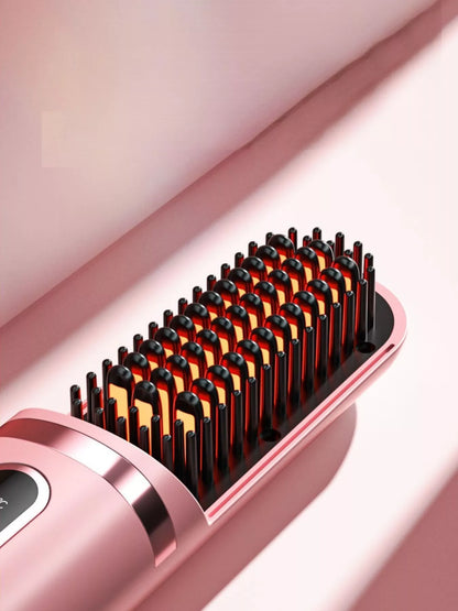 Dusty pink portable heated hair straightening comb by Trendsi, compact and designed for quick styling on the go.