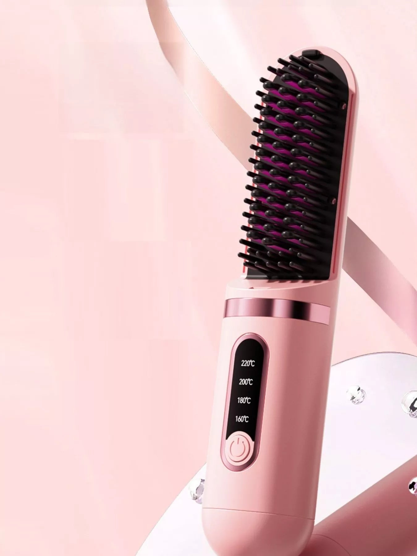 Dusty pink portable heated hair straightening comb by Trendsi, compact styling tool with adjustable heat settings for smooth hair.