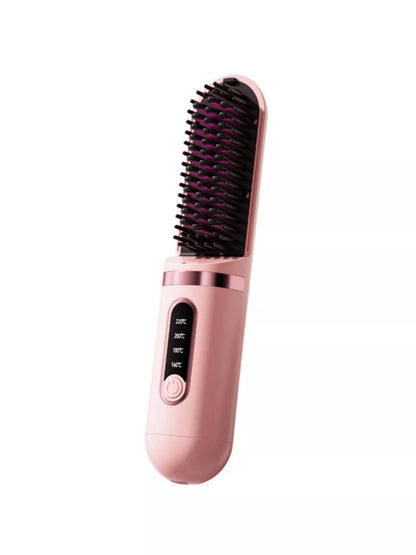 Dusty pink portable heated hair straightening comb by Trendsi, compact design for quick styling and easy use.