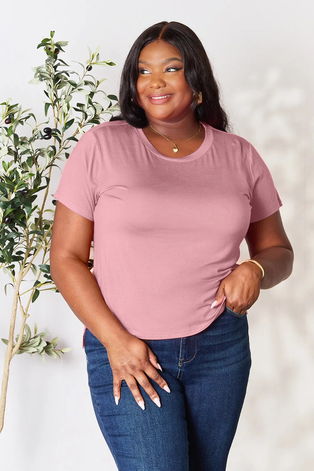 Dusty pink Basic Bae full-size round neck short sleeve T-shirt from Trendsi, displayed flat showing front view.