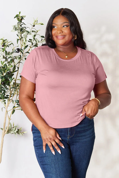 Dusty pink Basic Bae full-size round neck short sleeve T-shirt from Trendsi, displayed flat showing front view.
