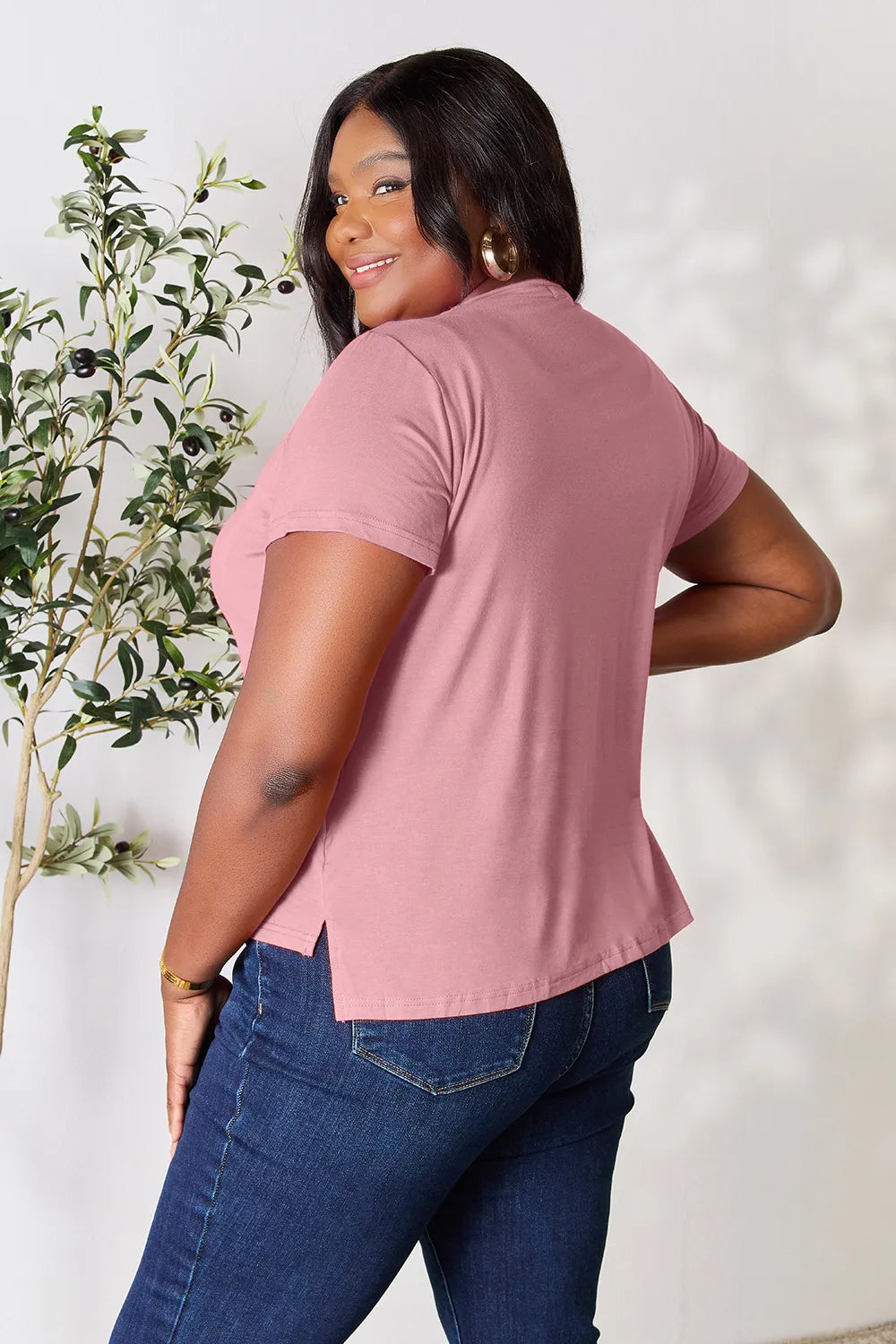 Dusty pink Basic Bae full-size round neck short sleeve T-shirt by Trendsi, shown flat with soft fabric texture.