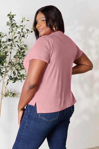 Dusty pink Basic Bae full-size round neck short sleeve T-shirt by Trendsi, shown flat with soft fabric texture.