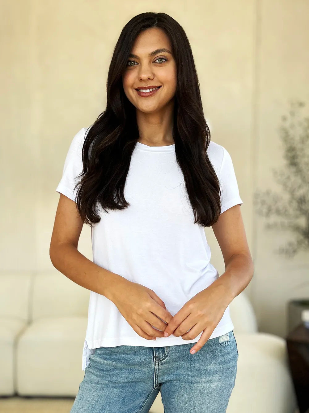 Dusty pink Basic Bae full-size round neck short sleeve T-shirt by Trendsi, shown flat on a white background.
