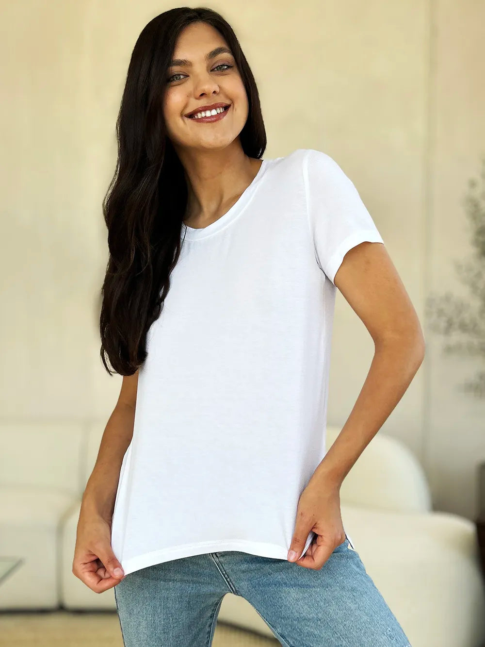 Dusty pink Basic Bae T-shirt by Trendsi, full-size round neck short sleeve, casual and comfortable for everyday wear.