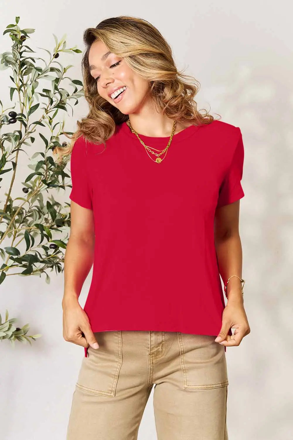 Dusty pink Basic Bae full size round neck short sleeve T-shirt by Trendsi, displayed flat showing the classic fit and fabric texture.