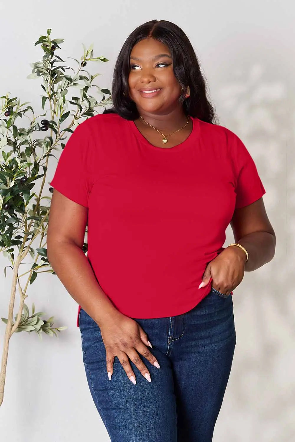 Dusty pink Basic Bae T-shirt by Trendsi, full-size round neck, short sleeve, casual cotton top laid flat.